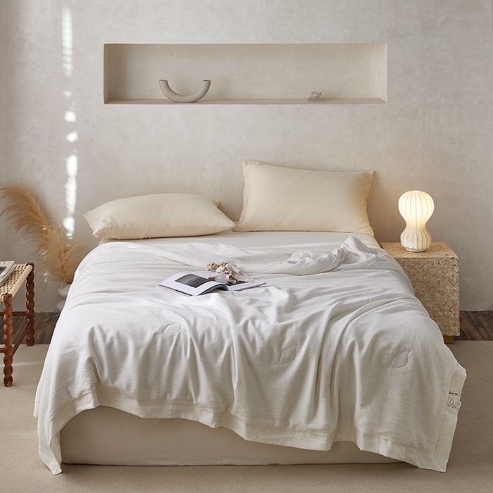 91家纺网 家纺一手货源 找家纺 2024新款全新系列天丝麻纯色多功能夏被-包边款 天丝麻本白色多功能夏被-包边款