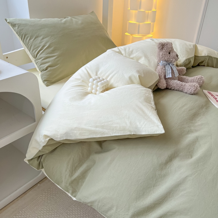 91家纺网 家纺一手货源 找家纺 盼季家纺 2024新款无印风格子纯色水洗棉床单被套学生宿舍三件套床上用品四件套 抹茶芝士