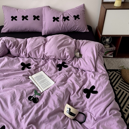 水墨江南 2024新款超柔水洗棉毛巾绣四件套-蝴蝶结 蝴蝶结-紫黑
