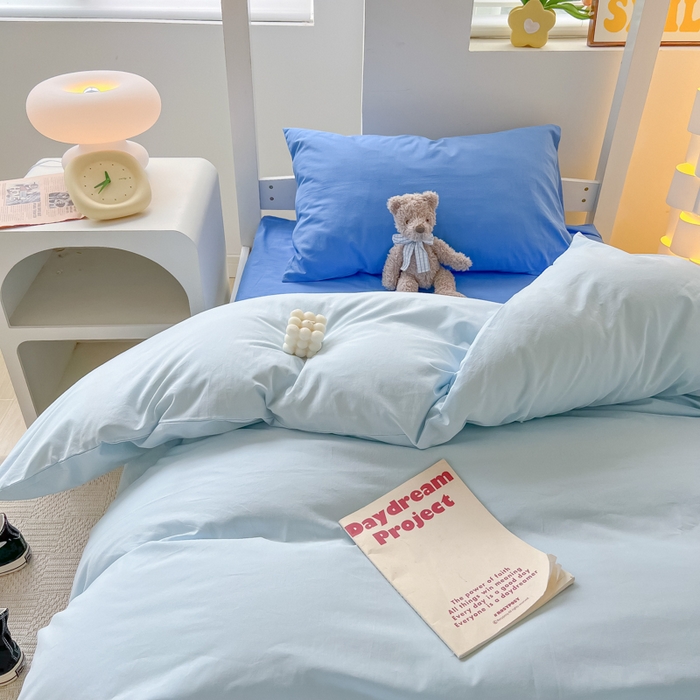 91家纺网 家纺一手货源 找家纺 盼季家纺 2024新款无印风格子纯色水洗棉床单被套学生宿舍三件套床上用品四件套 克莱因蓝