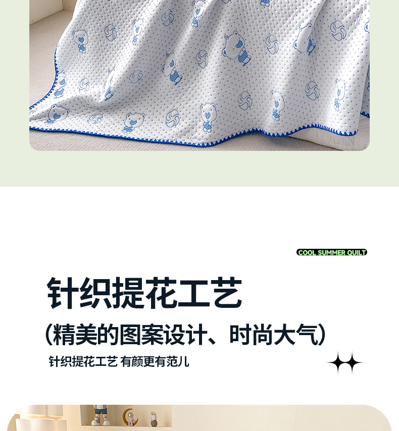 91家纺网 家纺一手货源 找家纺 柏薇 2024新款针织提花三层纱多功能盖毯午睡毯 蓝色小熊