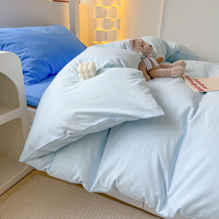 91家纺网 家纺一手货源 找家纺 盼季家纺 2024新款无印风格子纯色水洗棉床单被套学生宿舍三件套床上用品四件套 克莱因蓝