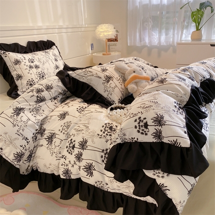 91家纺网 家纺一手货源 找家纺 阿曼达 2024新款ins博主风法式浪漫赫本风黑色花边水洗m泡泡m四件套     赫本-曼波