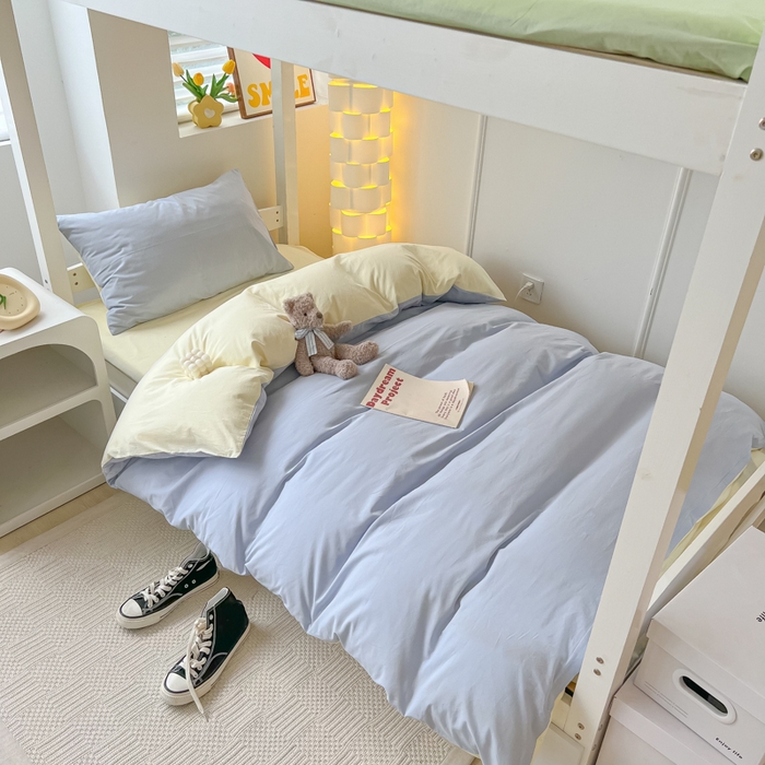 91家纺网 家纺一手货源 找家纺 盼季家纺 2024新款无印风格子纯色水洗棉床单被套学生宿舍三件套床上用品四件套 蓝芝士双拼