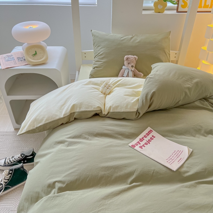 91家纺网 家纺一手货源 找家纺 盼季家纺 2024新款无印风格子纯色水洗棉床单被套学生宿舍三件套床上用品四件套 抹茶芝士