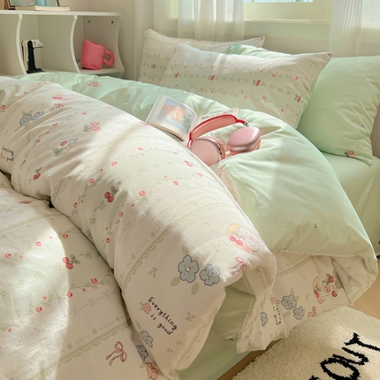 91家纺网 家纺一手货源 找家纺 希文家纺 2024新款全棉13372繁花系列四件套 樱桃小兔