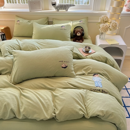 眠帛家居 2024新款水洗棉提花刺绣四件套熊先生-风格二 熊先生-果绿