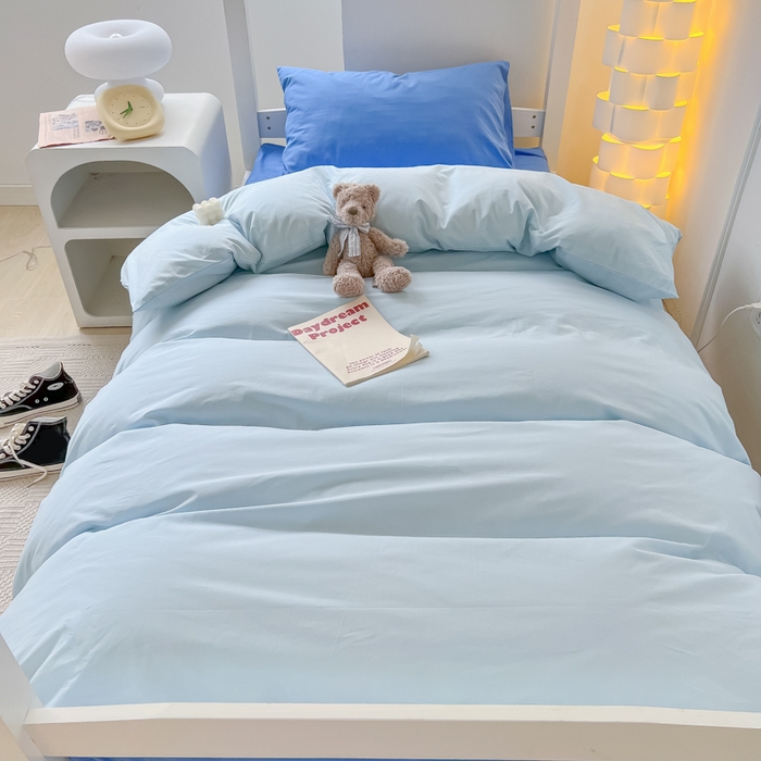 91家纺网 家纺一手货源 找家纺 盼季家纺 2024新款无印风格子纯色水洗棉床单被套学生宿舍三件套床上用品四件套 克莱因蓝