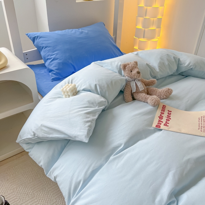 91家纺网 家纺一手货源 找家纺 盼季家纺 2024新款无印风格子纯色水洗棉床单被套学生宿舍三件套床上用品四件套 克莱因蓝