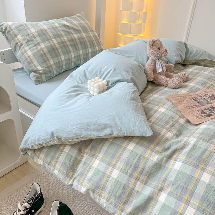 91家纺网 家纺一手货源 找家纺 盼季家纺 2024新款无印风格子纯色水洗棉床单被套学生宿舍三件套床上用品四件套 简昔绿
