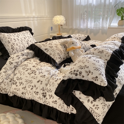 91家纺网 家纺一手货源 找家纺 阿曼达 2024新款ins博主风法式浪漫赫本风黑色花边水洗m泡泡m四件套     赫本-美学