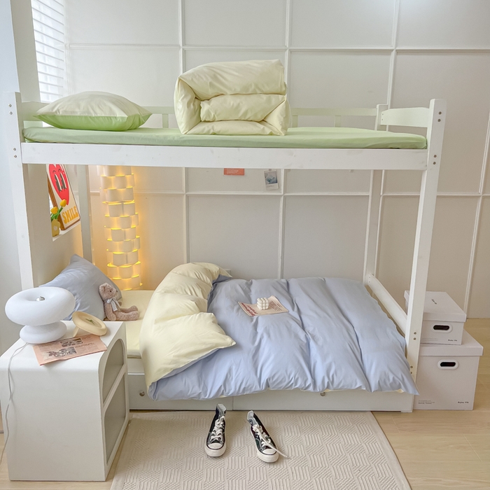 91家纺网 家纺一手货源 找家纺 盼季家纺 2024新款无印风格子纯色水洗棉床单被套学生宿舍三件套床上用品四件套 蓝芝士双拼