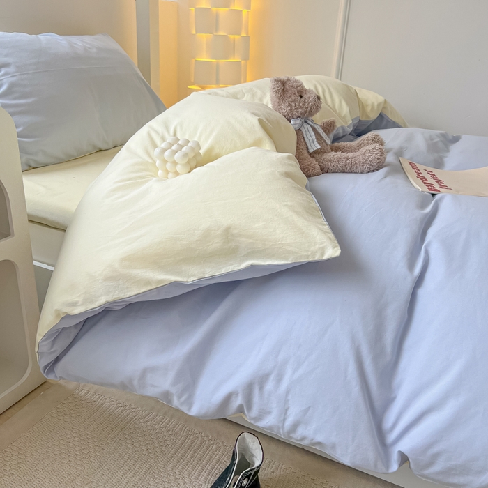 91家纺网 家纺一手货源 找家纺 盼季家纺 2024新款无印风格子纯色水洗棉床单被套学生宿舍三件套床上用品四件套 蓝芝士双拼