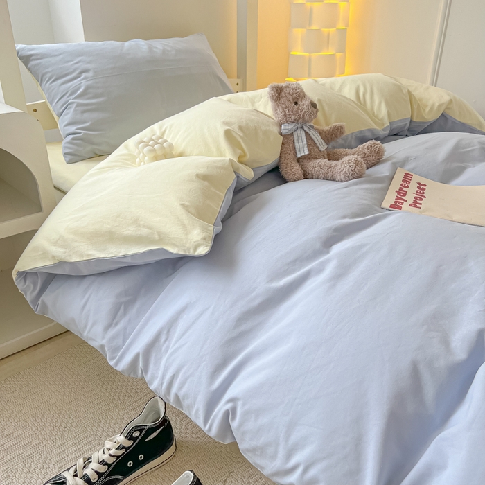 91家纺网 家纺一手货源 找家纺 盼季家纺 2024新款无印风格子纯色水洗棉床单被套学生宿舍三件套床上用品四件套 蓝芝士双拼