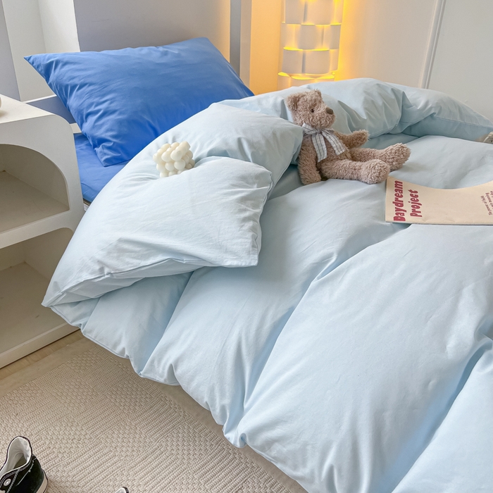 91家纺网 家纺一手货源 找家纺 盼季家纺 2024新款无印风格子纯色水洗棉床单被套学生宿舍三件套床上用品四件套 克莱因蓝