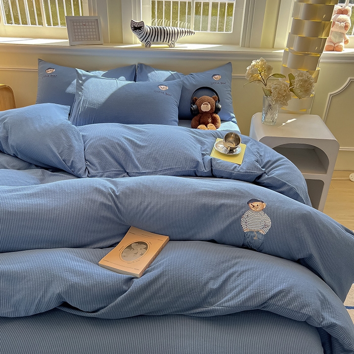 91家纺网 家纺一手货源 找家纺 （总）眠帛家居 2024新款水洗棉提花刺绣四件套熊先生-风格二