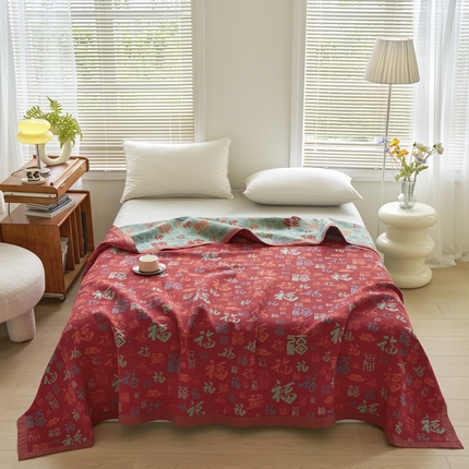 91家纺网 家纺一手货源 找家纺 （总）棠薇家纺 2025新款爆款60S长绒棉厚百福字三层纱布毯 200x230cm 厚款60S百福毯