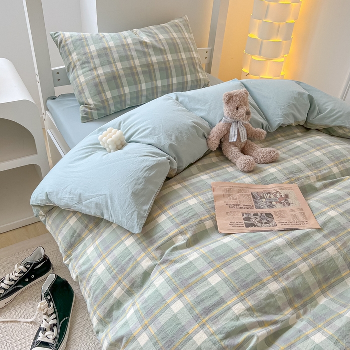 91家纺网 家纺一手货源 找家纺 盼季家纺 2024新款无印风格子纯色水洗棉床单被套学生宿舍三件套床上用品四件套 简昔绿