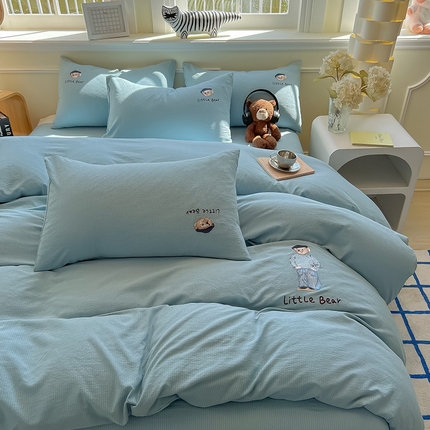 眠帛家居 2024新款水洗棉提花刺绣四件套熊先生-风格二 熊先生-繁星蓝