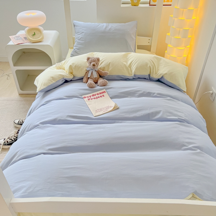 91家纺网 家纺一手货源 找家纺 盼季家纺 2024新款无印风格子纯色水洗棉床单被套学生宿舍三件套床上用品四件套 蓝芝士双拼