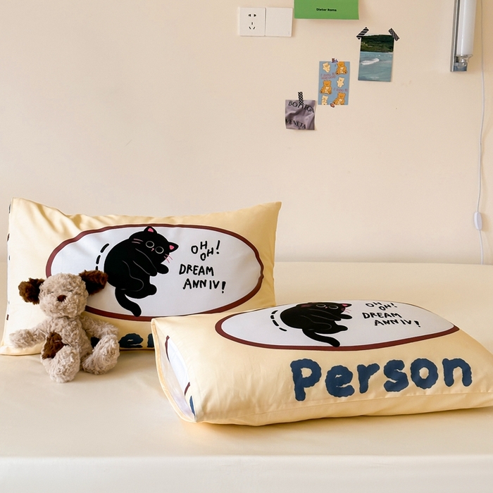 91家纺网 家纺一手货源 找家纺 觅糖家纺 2024新款全棉双面数码印花枕套 ins卡通-梦想小猫