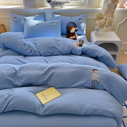 眠帛家居 2024新款水洗棉提花刺绣四件套熊先生-风格二 熊先生-晴山蓝