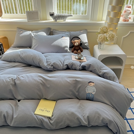 眠帛家居 2024新款水洗棉提花刺绣四件套熊先生-风格二 熊先生-雾灰