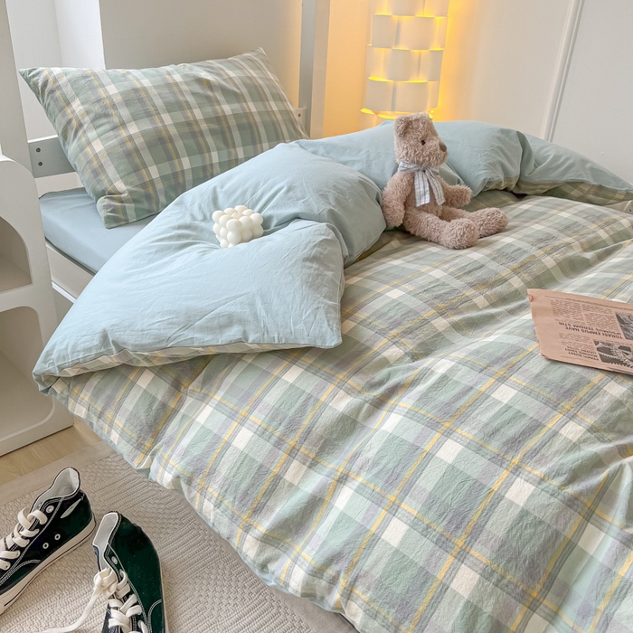 91家纺网 家纺一手货源 找家纺 盼季家纺 2024新款无印风格子纯色水洗棉床单被套学生宿舍三件套床上用品四件套 简昔绿