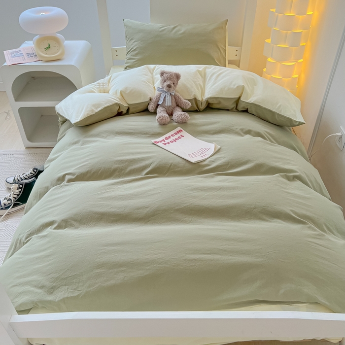 91家纺网 家纺一手货源 找家纺 盼季家纺 2024新款无印风格子纯色水洗棉床单被套学生宿舍三件套床上用品四件套 抹茶芝士