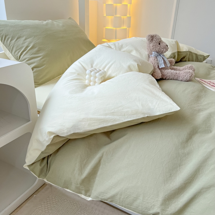 91家纺网 家纺一手货源 找家纺 盼季家纺 2024新款无印风格子纯色水洗棉床单被套学生宿舍三件套床上用品四件套 抹茶芝士