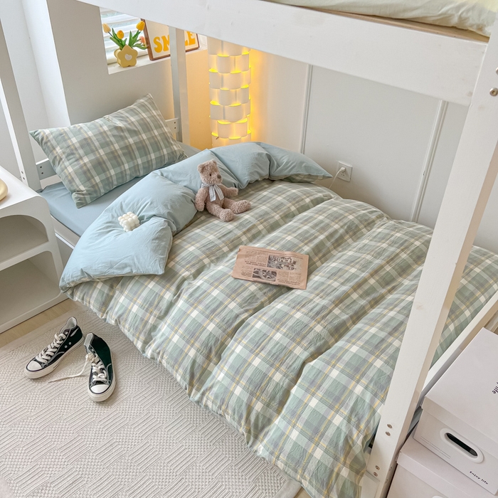 91家纺网 家纺一手货源 找家纺 盼季家纺 2024新款无印风格子纯色水洗棉床单被套学生宿舍三件套床上用品四件套 简昔绿