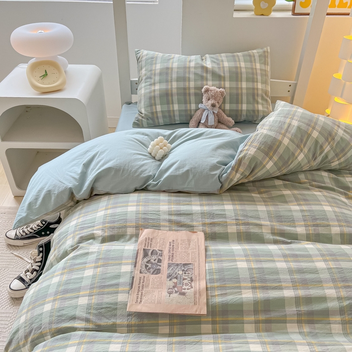 91家纺网 家纺一手货源 找家纺 盼季家纺 2024新款无印风格子纯色水洗棉床单被套学生宿舍三件套床上用品四件套 简昔绿
