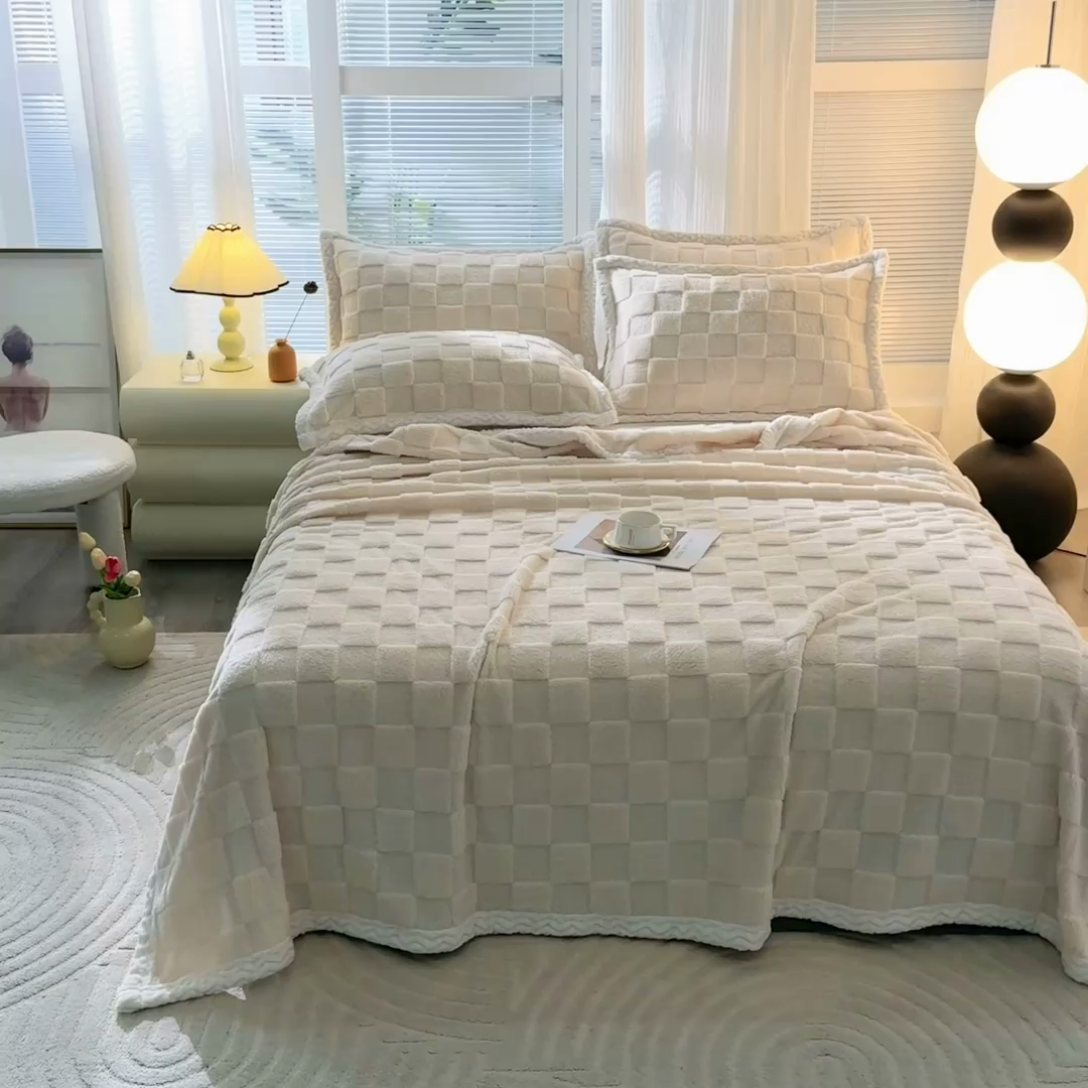 91家纺网 家纺一手货源 找家纺 芸锦豪 2024新款意大利面包格毛毯-包边款 面包格包边款-米杏色