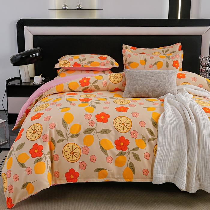 91家纺网 家纺一手货源 找家纺 梦卓家纺 2025新款直播加厚植物羊绒四件套高克重磨毛跨境四件套 大量现货柠橙