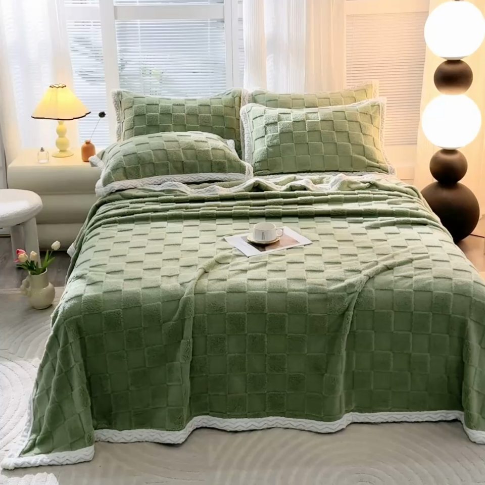 91家纺网 家纺一手货源 找家纺 芸锦豪 2024新款意大利面包格毛毯-包边款 面包格包边款-抹茶绿