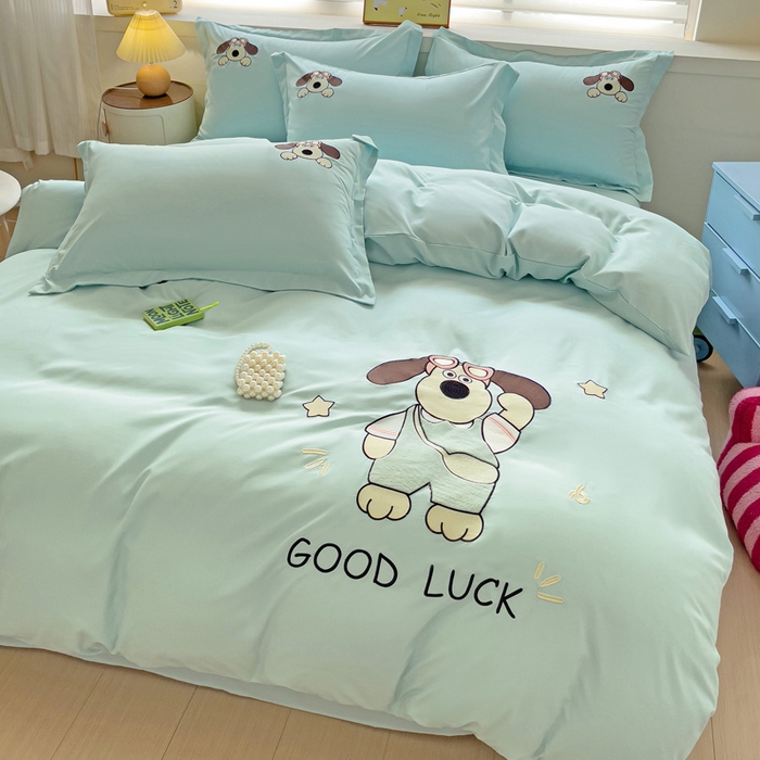 91家纺网 家纺一手货源 找家纺 2024新款磨毛水洗棉可爱萌趣四件套--萌犬小巴系列 萌犬小巴-繁星蓝