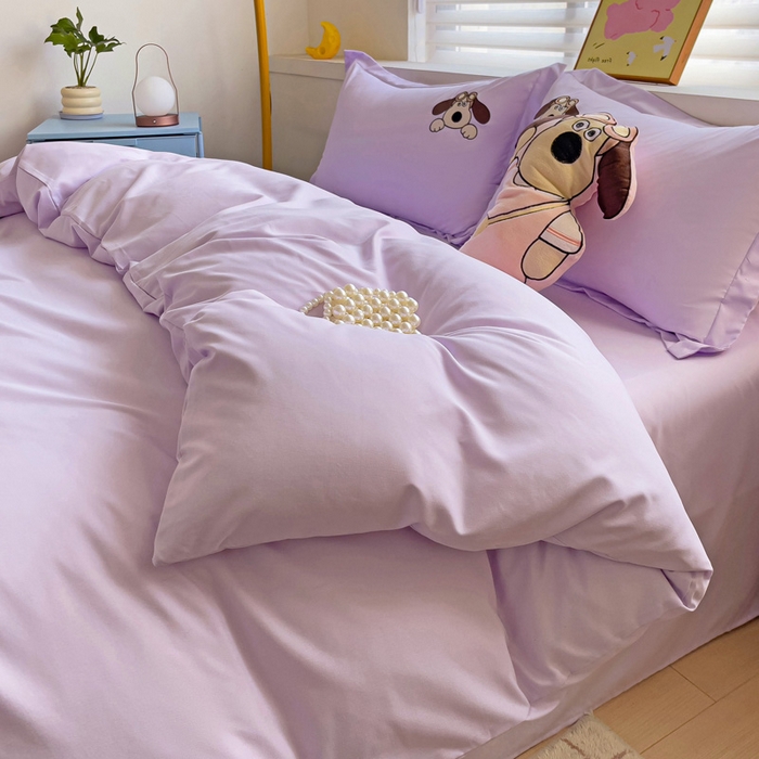 91家纺网 家纺一手货源 找家纺 2024新款磨毛水洗棉可爱萌趣四件套--萌犬小巴系列 萌犬小巴-紫