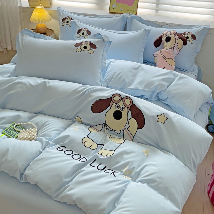 91家纺网 家纺一手货源 找家纺 2024新款磨毛水洗棉可爱萌趣四件套--萌犬小巴系列 萌犬小巴-蓝