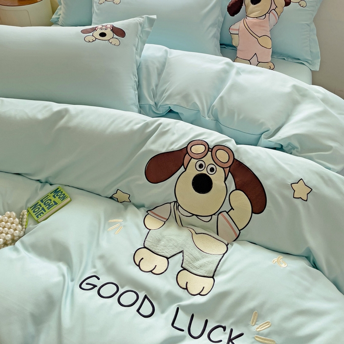 91家纺网 家纺一手货源 找家纺 2024新款磨毛水洗棉可爱萌趣四件套--萌犬小巴系列 萌犬小巴-繁星蓝