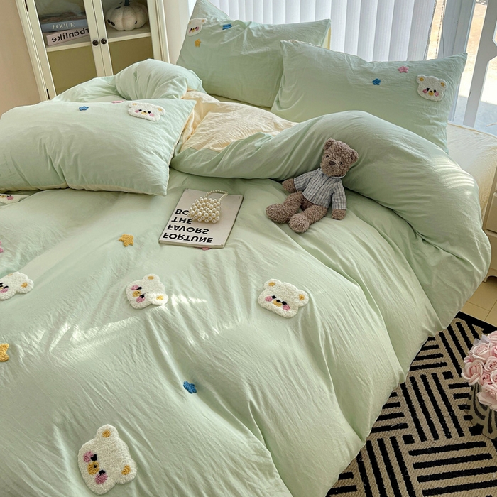 91家纺网 家纺一手货源 找家纺 韩巢家纺 2024新款超柔水洗棉毛巾绣单件被套-幸运熊系列（提供精美卖家秀 ） 幸运熊浅绿黄