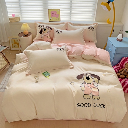 2024新款磨毛水洗棉可爱萌趣四件套--萌犬小巴系列 萌犬小巴-奶昔白