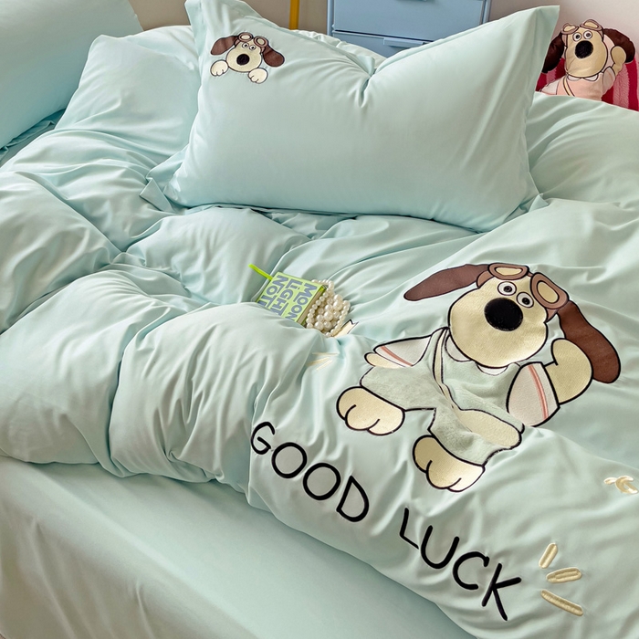 91家纺网 家纺一手货源 找家纺 2024新款磨毛水洗棉可爱萌趣四件套--萌犬小巴系列 萌犬小巴-繁星蓝