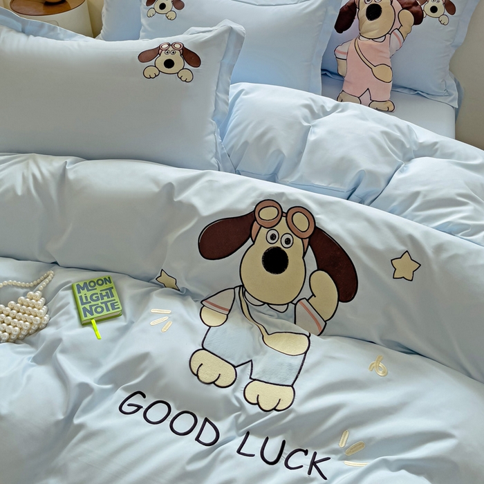 91家纺网 家纺一手货源 找家纺 2024新款磨毛水洗棉可爱萌趣四件套--萌犬小巴系列 萌犬小巴-蓝