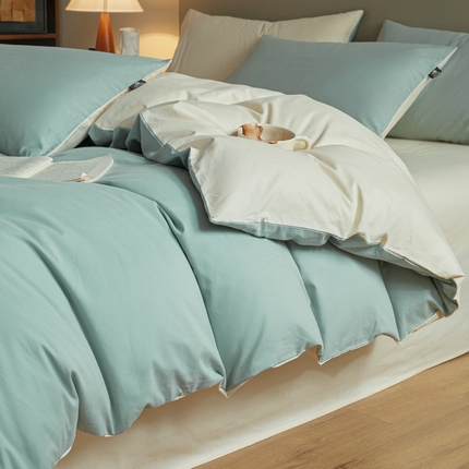 91家纺网 家纺一手货源 找家纺 优棉坊全棉馆 2024新款长绒棉全棉磨毛四件套-木果系列 木果-松蓝青+月光黄