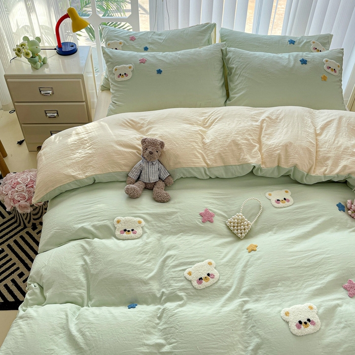 91家纺网 家纺一手货源 找家纺 韩巢家纺 2024新款超柔水洗棉毛巾绣单件被套-幸运熊系列（提供精美卖家秀 ） 幸运熊浅绿黄