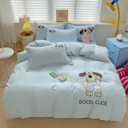 2024新款磨毛水洗棉可爱萌趣四件套--萌犬小巴系列 萌犬小巴-蓝