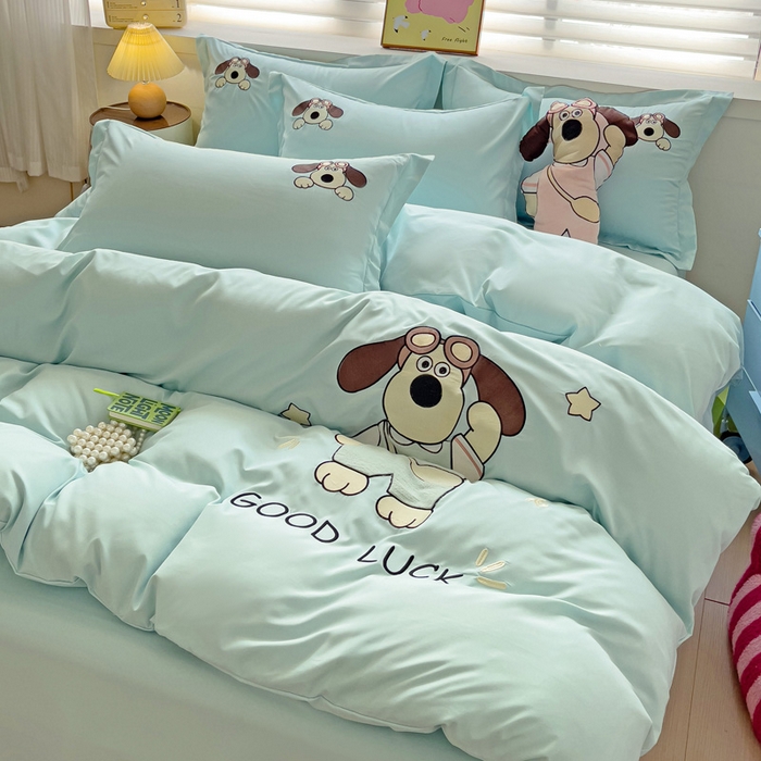 91家纺网 家纺一手货源 找家纺 2024新款磨毛水洗棉可爱萌趣四件套--萌犬小巴系列 萌犬小巴-繁星蓝