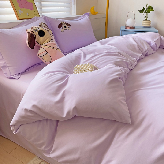 91家纺网 家纺一手货源 找家纺 2024新款磨毛水洗棉可爱萌趣四件套--萌犬小巴系列 萌犬小巴-紫