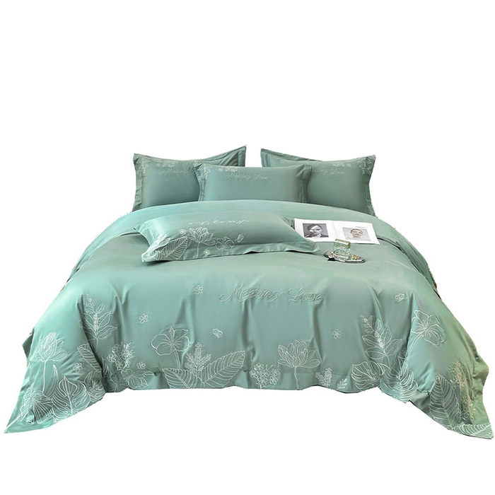 91家纺网 家纺一手货源 找家纺 2024新款亲肤棉磨毛刺绣四件套-花前悦夏 花前悦夏-青草绿