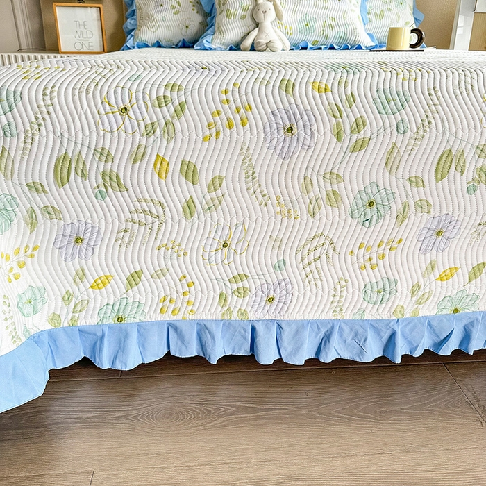 91家纺网 家纺一手货源 找家纺 恋绒家纺 2025新款全棉床盖纯棉夹棉床盖花边款直角款（可定做） 花韵清香